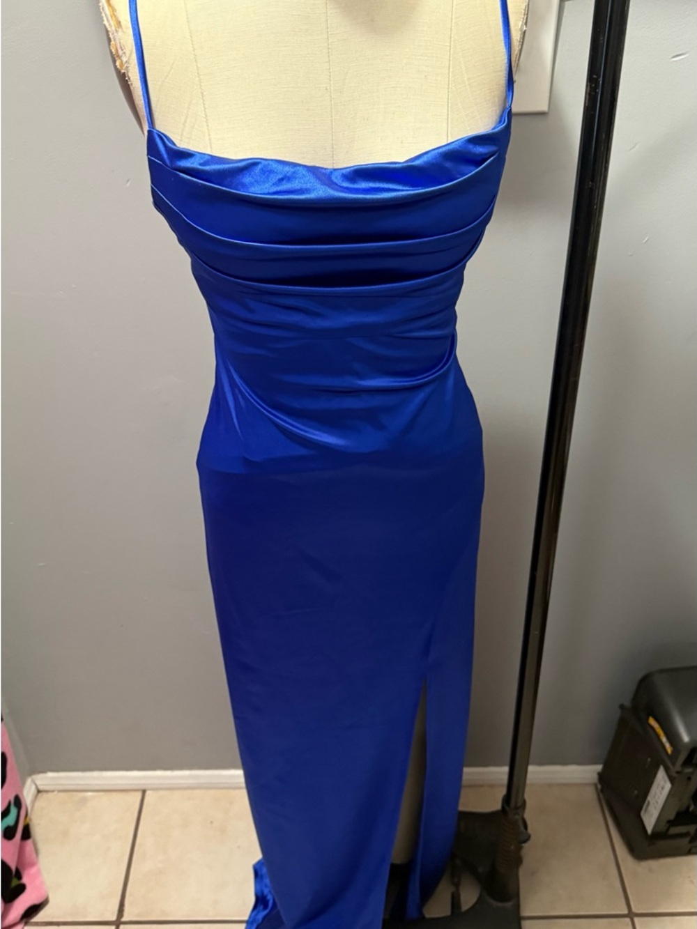 Elegant Royal Blue Satin Cowl Neck Evening Dress